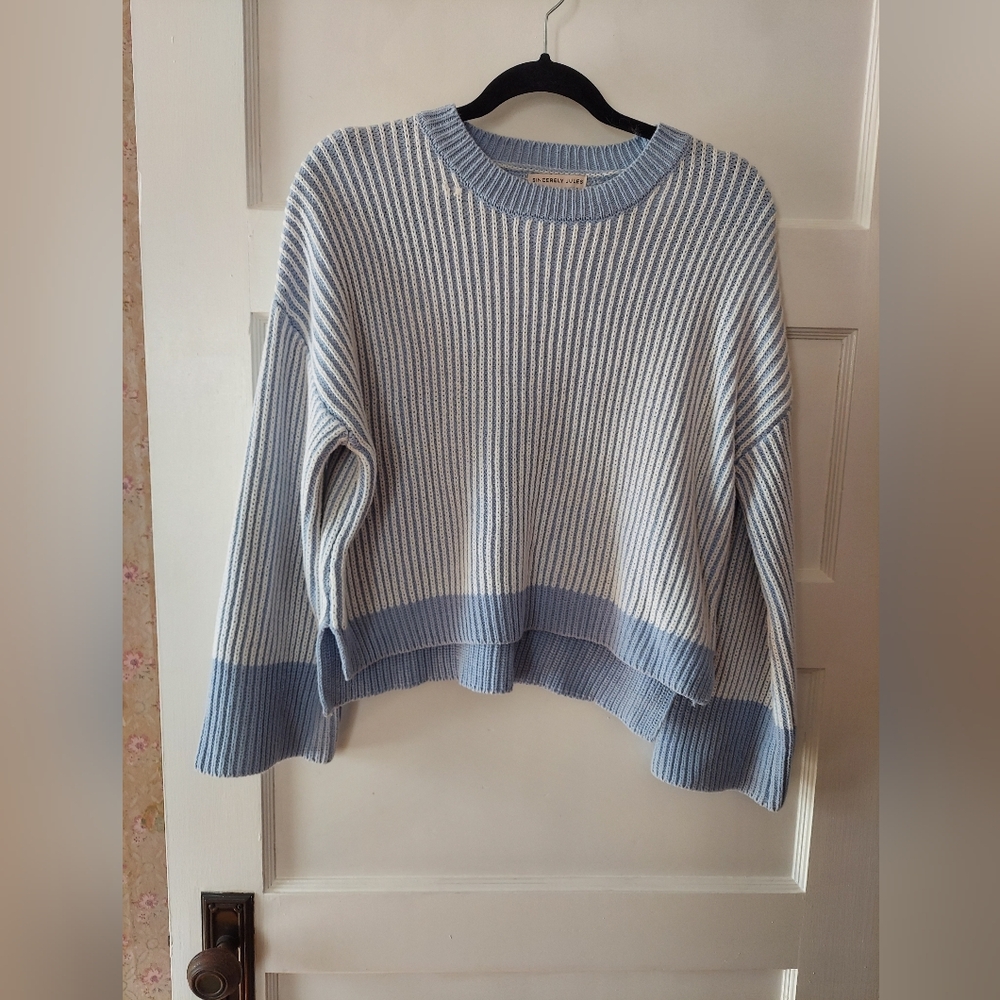 Sincerely Jules Blue and White Ribbed Crewneck Sweater